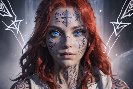 bright red hair, human female, (feminine:1.7), (beautiful face, detailed face:1.6), (beautiful eyes, detailed eyes:1.7), (looking at viewer, eye contact, intense:1.6), (long hair, red hair, curly hair:1.3), , ((masterpiece, best quality, high resolution, realistic, best quality,)), photo realistic, Perfect Face, (detailed face). <lora:GoodHands-vanilla:0.6> <lora:add-detail-xl:0.8>, mage, (Dress White military uniform coat), dagger, rune dagger, glowing runes, , (((glowing magic symbols tattoos, religious tattoos))), ((face tattoos)), glowing tattoos, stone tower in the background