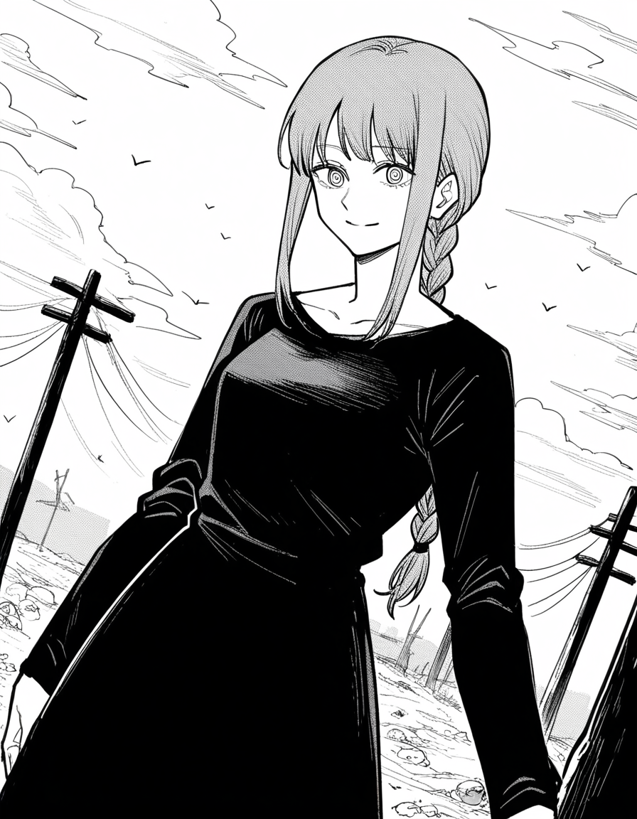 score_9, score_8_up, score_7_up, source_anime,
makima, <lora:chainsawman-makima-manga-ponyxl-lora-nochekaiser:1>,
makima, long hair, smile, bangs, braid, braided ponytail, ringed eyes, monochrome, greyscale,
dress, black dress, collarbone, long sleeves,
outdoors, wasteland, smile,
looking at viewer, cowboy shot, dutch angle, solo,