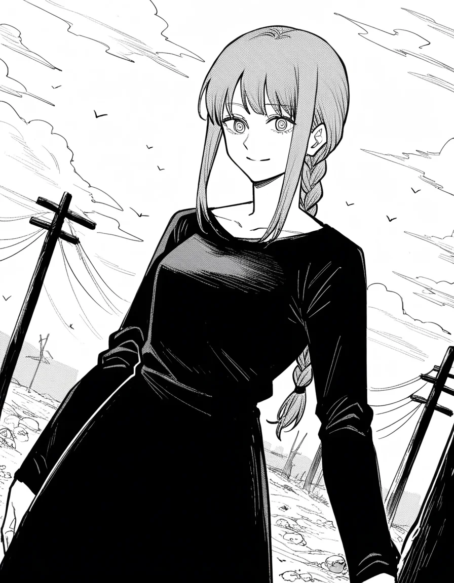 score_9, score_8_up, score_7_up, source_anime,
makima, <lora:chainsawman-makima-manga-ponyxl-lora-nochekaiser:1>,
makima, long hair, smile, bangs, braid, braided ponytail, ringed eyes, monochrome, greyscale,
dress, black dress, collarbone, long sleeves,
outdoors, wasteland, smile,
looking at viewer, cowboy shot, dutch angle, solo,