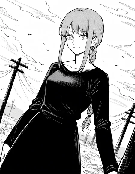 score_9, score_8_up, score_7_up, source_anime,
makima, <lora:chainsawman-makima-manga-ponyxl-lora-nochekaiser:1>,
makima, long hair, smile, bangs, braid, braided ponytail, ringed eyes, monochrome, greyscale,
dress, black dress, collarbone, long sleeves,
outdoors, wasteland, smile,
looking at viewer, cowboy shot, dutch angle, solo,