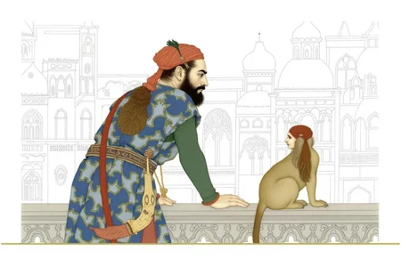 olgadugina1 illustration.
On the left is a bearded Middle Eastern man, shown in side profile, wearing traditional Ottoman or Arabian attire. He stands on a balcony with his hand on the railing. He wears a patterned garment and red headpiece. On the right is a small creature with the head of a woman but the body of a monkey, standing on the railing. The background shows buildings with arched windows and detailed structures. <lora:olgadugina2_cap_d6a3e9:1.0><lora:858117603967682746:0>