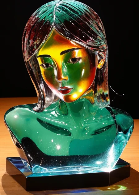 A detailed and vibrant portrait of glasssculpture, woman in a fantastical landscape with vibrant colors and intricate details, rendered in an art style that mixes realism with elements of surrealism, done by artists such as Ruan Jia and Yoshitaka Amano.