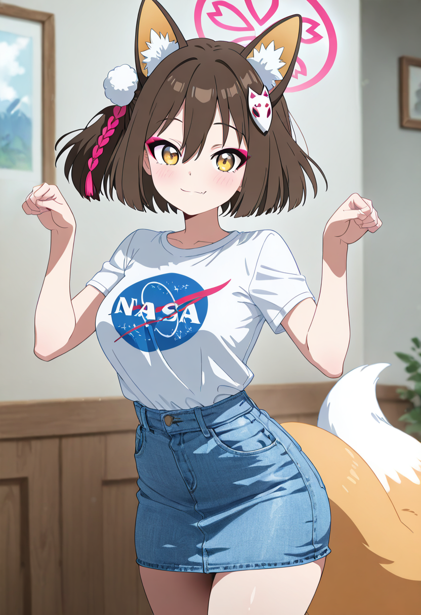 masterpiece, best quality, solo, curvy, beautiful eyes, narrow waist, wide hips, 1girl, solo, smile, looking at viewer, dynamic pose, paw pose,   zzIzuna, yellow eyes, fox ears, eyeshadow, hair between eyes, animal ear fluff, brown hair, hair ornament, medium hair, pink halo, pom pom hair ornament,   <lora:KudaIzunaBlueArchive_IXL_v1:1.0>,  , smile, looking at viewer, N4S4, white shirt, denim skirt, ,<lora:NASAShirtAnime_IXL_v1:1.0>,