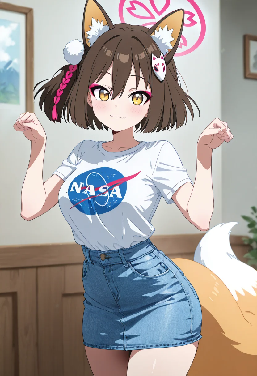 masterpiece, best quality, solo, curvy, beautiful eyes, narrow waist, wide hips, 1girl, solo, smile, looking at viewer, dynamic pose, paw pose,   zzIzuna, yellow eyes, fox ears, eyeshadow, hair between eyes, animal ear fluff, brown hair, hair ornament, medium hair, pink halo, pom pom hair ornament,   <lora:KudaIzunaBlueArchive_IXL_v1:1.0>,  , smile, looking at viewer, N4S4, white shirt, denim skirt, ,<lora:NASAShirtAnime_IXL_v1:1.0>,