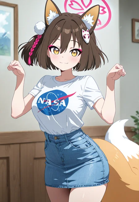 masterpiece, best quality, solo, curvy, beautiful eyes, narrow waist, wide hips, 1girl, solo, smile, looking at viewer, dynamic pose, paw pose,   zzIzuna, yellow eyes, fox ears, eyeshadow, hair between eyes, animal ear fluff, brown hair, hair ornament, medium hair, pink halo, pom pom hair ornament,   <lora:KudaIzunaBlueArchive_IXL_v1:1.0>,  , smile, looking at viewer, N4S4, white shirt, denim skirt, ,<lora:NASAShirtAnime_IXL_v1:1.0>,