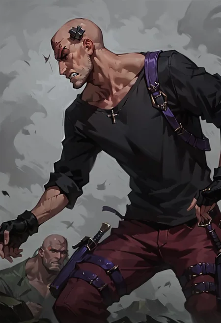 score_9, score_8_up,score_7_up, score_6_up, score_5_up, score_4_up,
1boy, bald, cross scar, head screw, black shirt, fingerless gloves, red pants, purple straps, purple holster, sleeves rolled up, clenched teeth, right profile, profile,
gwentstyle, concept art, realistic, dark theme, low light,