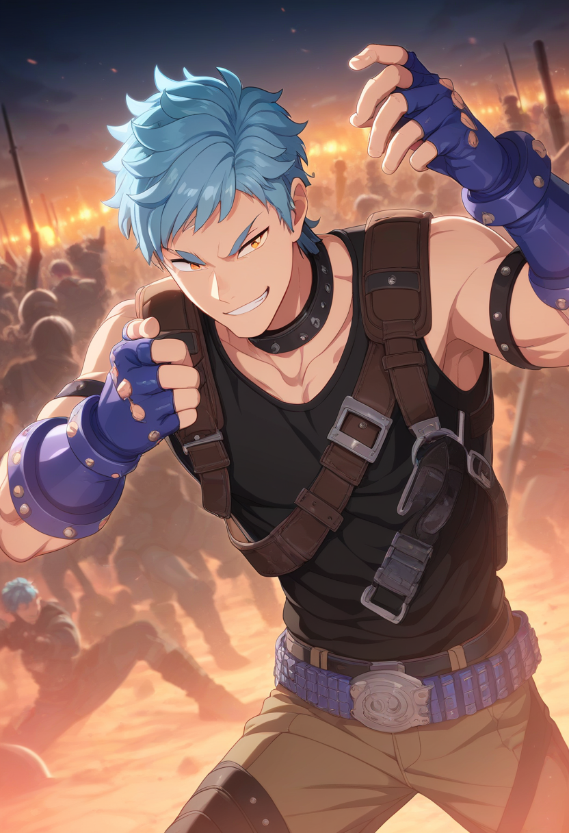 1boy, male focus, 
<lora:Character_-_Helios_Rising_Heroes_-_Asch_Albright:1> asch, blue hair, orange eyes,  
((zPDXL)), score_9_up, score_8_up, score_7_up, score_6_up, score_5_up, score_4_up, best quality, amazing quality, best aesthetic, absurdres, year2023, nsfw, game cg,  official art, official style, anime screencap,
outdoor, black tank_top, fingerless gloves, belt, brown pants, belt, night, belts, smirk, fighting stance, battlefield,