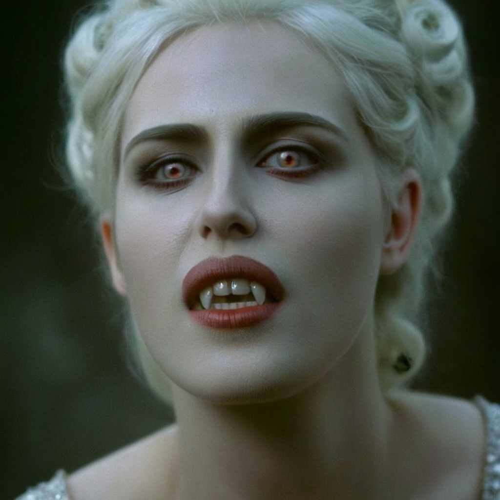 cinematic film still of  <lora:vampire teeth v3:1>
analog film photo of <lora:Female Vampire 2:1.2> Female Vampire a pale ice cold skin vampire woman with white hair and a white face and reflective eyes in year 1897, faded film, desaturated, 35mm photo, grainy, vignette, vintage, Kodachrome, Lomography, stained, highly detailed, found footage, shallow depth of field, vignette, highly detailed, high budget, bokeh, cinemascope, moody, epic, gorgeous, film grain, grainy