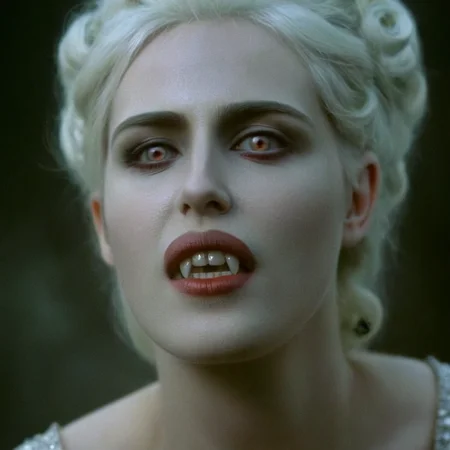 cinematic film still of <lora:vampire teeth v3:1>
analog film photo of <lora:Female Vampire 2:1.2> Female Vampire a pale ice cold skin vampire woman with white hair and a white face and reflective eyes in year 1897, faded film, desaturated, 35mm photo, grainy, vignette, vintage, Kodachrome, Lomography, stained, highly detailed, found footage, shallow depth of field, vignette, highly detailed, high budget, bokeh, cinemascope, moody, epic, gorgeous, film grain, grainy
