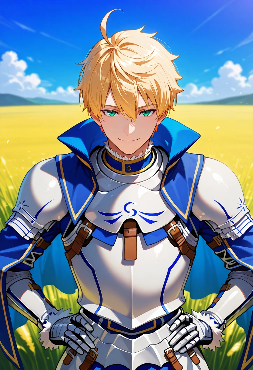masterpiece, best quality, intricate details, (photorealistic:0.6), , 1boy, solo, male focus, <lora:arthur_pendragon_fate_ilxl:0.98>, arthur_pendragon_fate, blonde hair, green eyes, short hair, ahoge, hair between eyes, bangs, armor, breastplate, gauntlets, pauldrons, shoulder armor, blue cape, symmetry, field, light, hands on hips, seductive smile, crew neck t-shirt, homburg