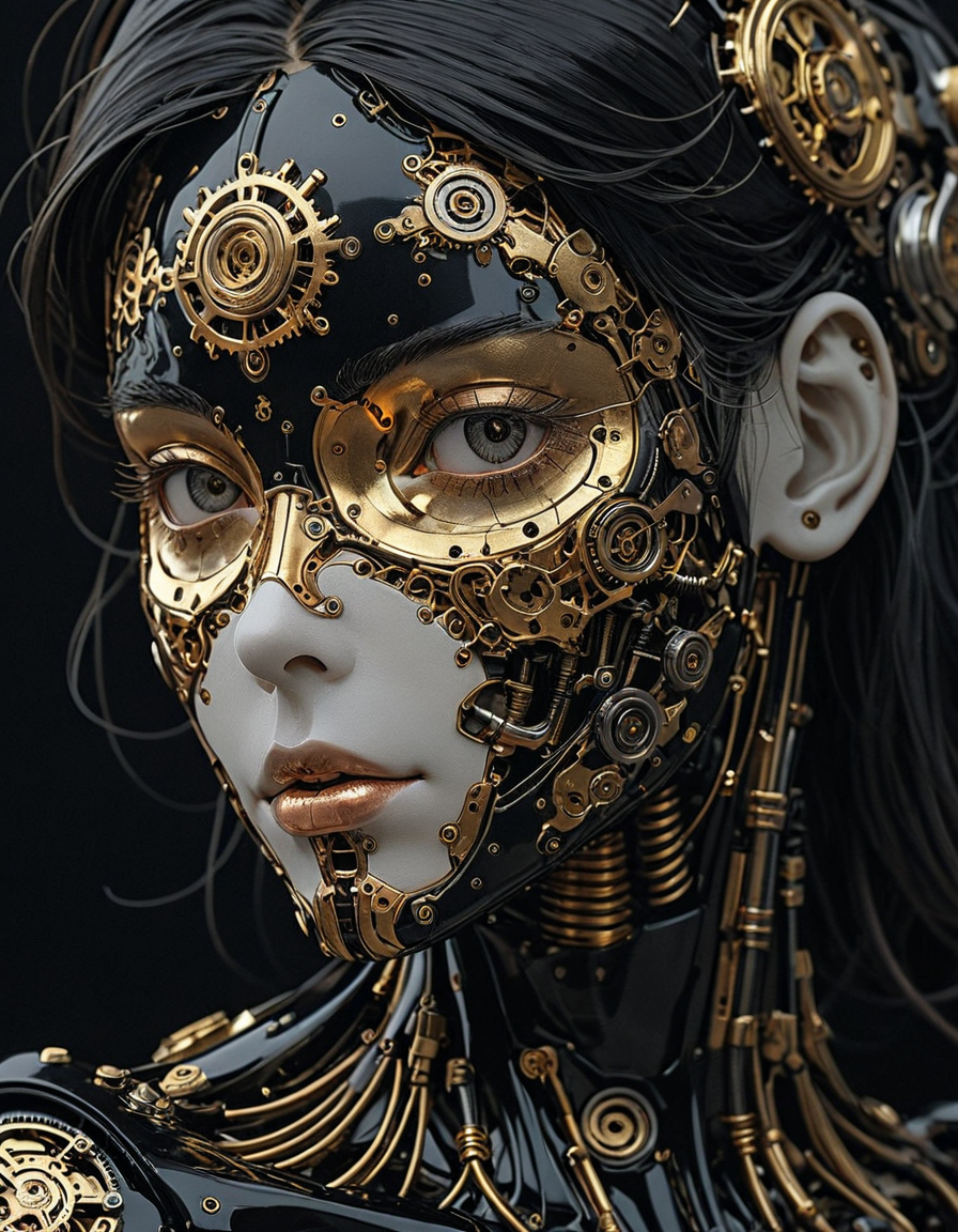 Manga style, portrait of a female human figure made of black bakelite with gold, platinum and bronze inlays on the face, mechanical parts of precision clockwork and robotics, natural and artificial mix, dark background, hard shadows, hyperrealistic, hyperdetailed <lora:Sinozick:1> <lora:add-detail-xl:1>