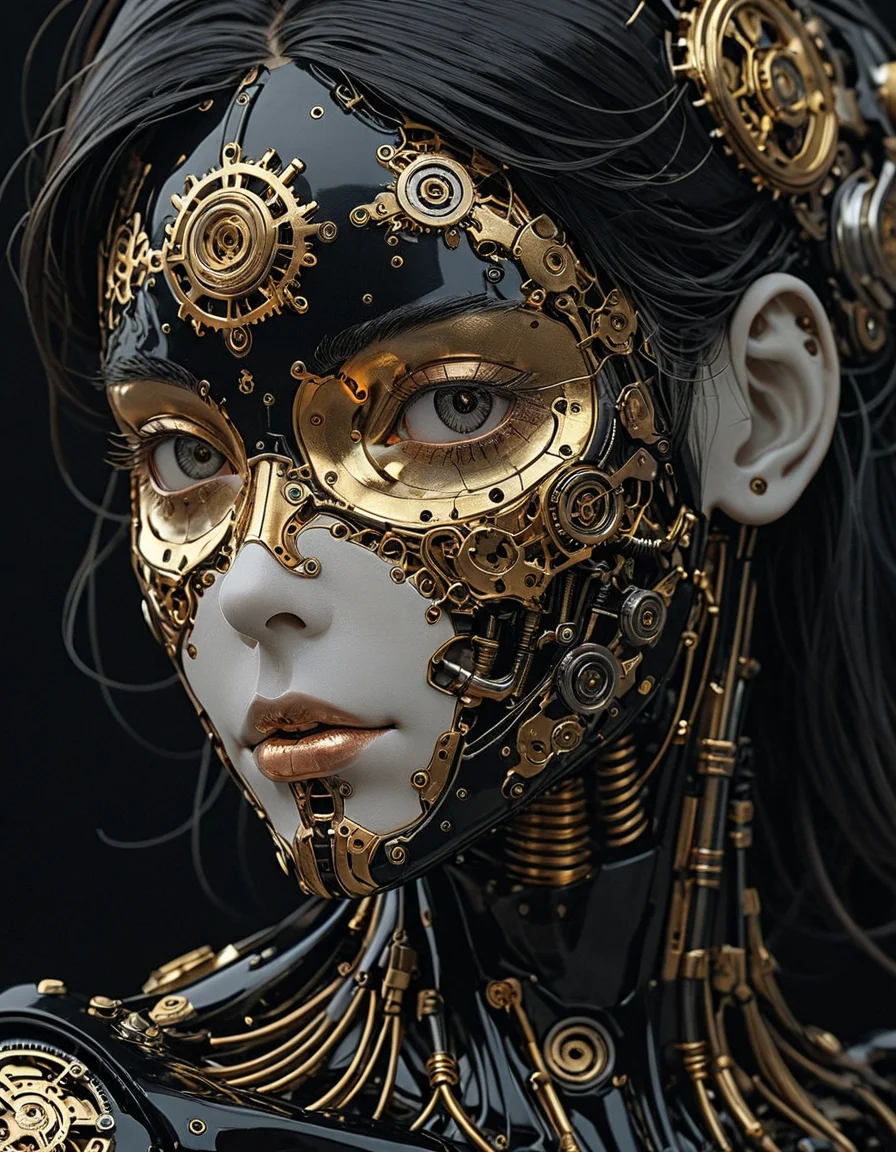 Manga style, portrait of a female human figure made of black bakelite with gold, platinum and bronze inlays on the face, mechanical parts of precision clockwork and robotics, natural and artificial mix, dark background, hard shadows, hyperrealistic, hyperdetailed <lora:Sinozick:1> <lora:add-detail-xl:1>