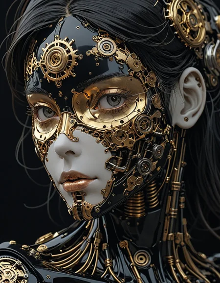 Manga style, portrait of a female human figure made of black bakelite with gold, platinum and bronze inlays on the face, mechanical parts of precision clockwork and robotics, natural and artificial mix, dark background, hard shadows, hyperrealistic, hyperdetailed <lora:Sinozick:1> <lora:add-detail-xl:1>