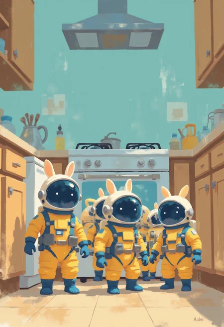 illustration of a bunch of tiny micro space bunnies wearing yellow and blue space suit, with a round helmet with metalic rabbit ears, exploring kitchen, funny, playful, cinematic wide angle , raw, analog, detailed kitchen background blankmj l10nhe43t i11ustmin