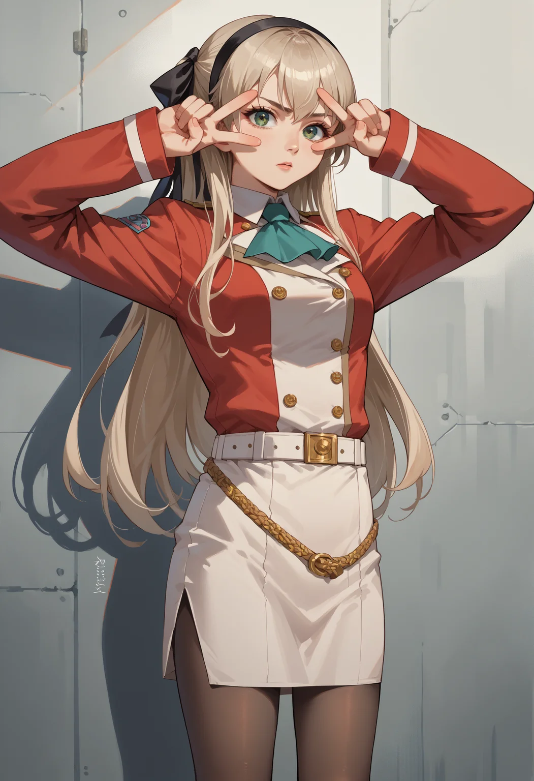 score_9, score_8_up,score_7_up, source_anime, 1girl, solo,
bivgtsav, hands on own face,
<lora:VctryVsgDbl_pdxl_EliPot:1>
<lora:elie-pdxl-nvwls-v1:0.8> zeroElie, black hairband, hair ribbon, long hair, ascot, uniform, long red sleeves, white dress, pencil skirt, belt, black pantyhose, white boots,