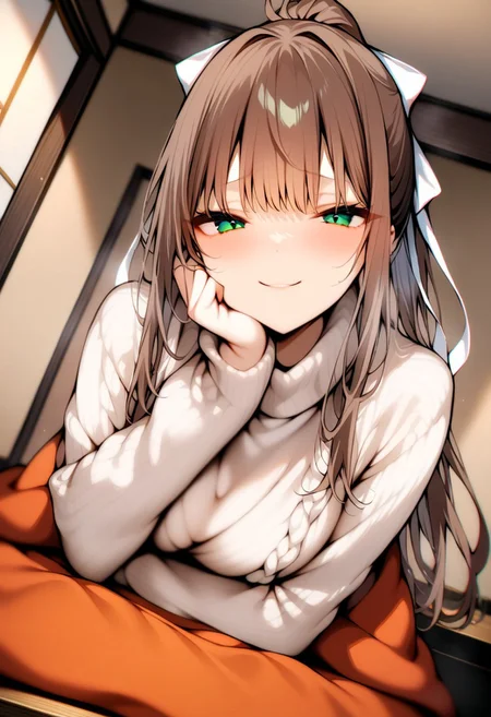 masterpiece, best quality, absurdres, vibrant, highly detailed, danimaru style, nsfw,1girl,bangs,brown hair,green eyes, long hair, ponytail, ribbon, white ribbon, hair ribbon, sidelocks,sweater,kotatsu,across table,sitting,indoor,looking at viewer,smug,arm on table, hand on face, dutch angle,
