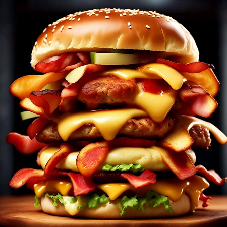 photo (QuadBurger style:1) a large hamburger with bacon, cheese <lora:djzQuadBurgerV21:1>