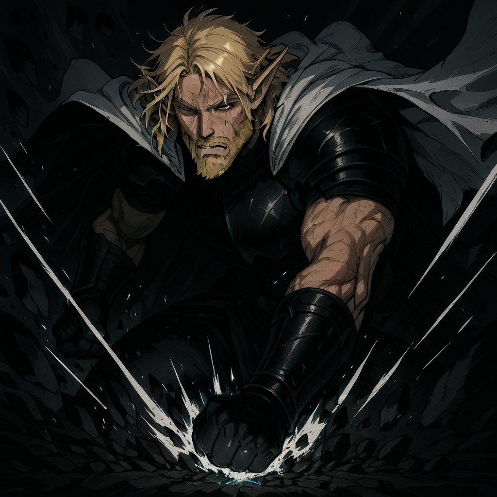 masterpiece, best quality, newest, absurdres, highres, ESPV1.0, punching, clenched hand, attack, rocks, 1boy, manly, elf, beard, muscular male, blonde, blonde hair, pointy ears, scar, scar on face, armor, cape, chestplate, chest armor,
