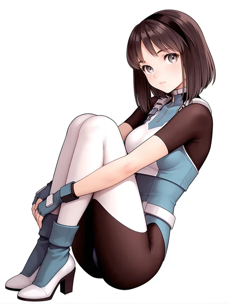 masterpiece,best quality,newest,
1girl,solo,
<lora:nagase_mari_ilxl_v1.0:1>,mari,black hair band,bob_cut,brown hair,grey eyes,
r_suit,turtleneck,skin tight,bodysuit,crop top,short sleeves,fingerless gloves,leotard,high heels,shoes,<lora:Fixhands_anime_bdsqlsz_V1:1>,looking at viewer,hugging own legs,white_background,simple_background,