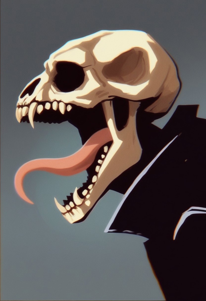 (7-Vectors) invncbl, artbook illustration, score_9, score_8_up, score_7_up,  score_6_up, score_5_up, score_4_up, solo, animal skull head, screaming, long split tongue, fangs, head closeup, black leather coat, horror atmosphere, side view, vhs grain, dark lighting, gold reflections, CRT grain, white noise glitch