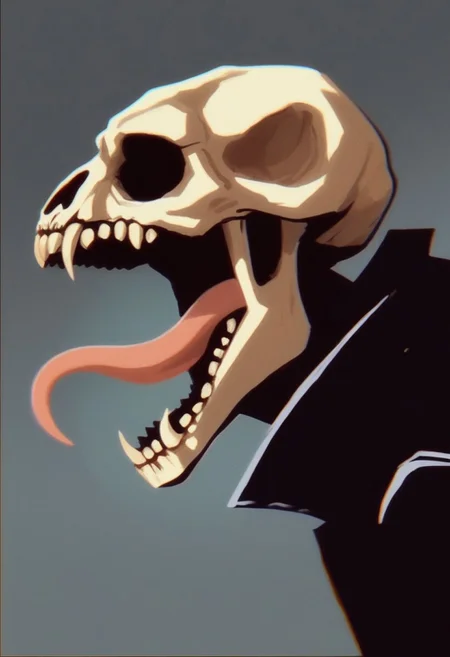 (7-Vectors) invncbl, artbook illustration, score_9, score_8_up, score_7_up, score_6_up, score_5_up, score_4_up, solo, animal skull head, screaming, long split tongue, fangs, head closeup, black leather coat, horror atmosphere, side view, vhs grain, dark lighting, gold reflections, CRT grain, white noise glitch