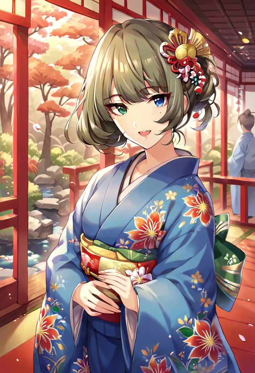 score_9, score_8_up, score_7_up, source_anime,takagaki kaede, short hair, brown hair, mole under eye, green eyes, blue eyes, heterochromia, 1girl, japanese clothes, mole, kimono, smile, new year, ponytail, open mouth, hair ornament, looking at viewer