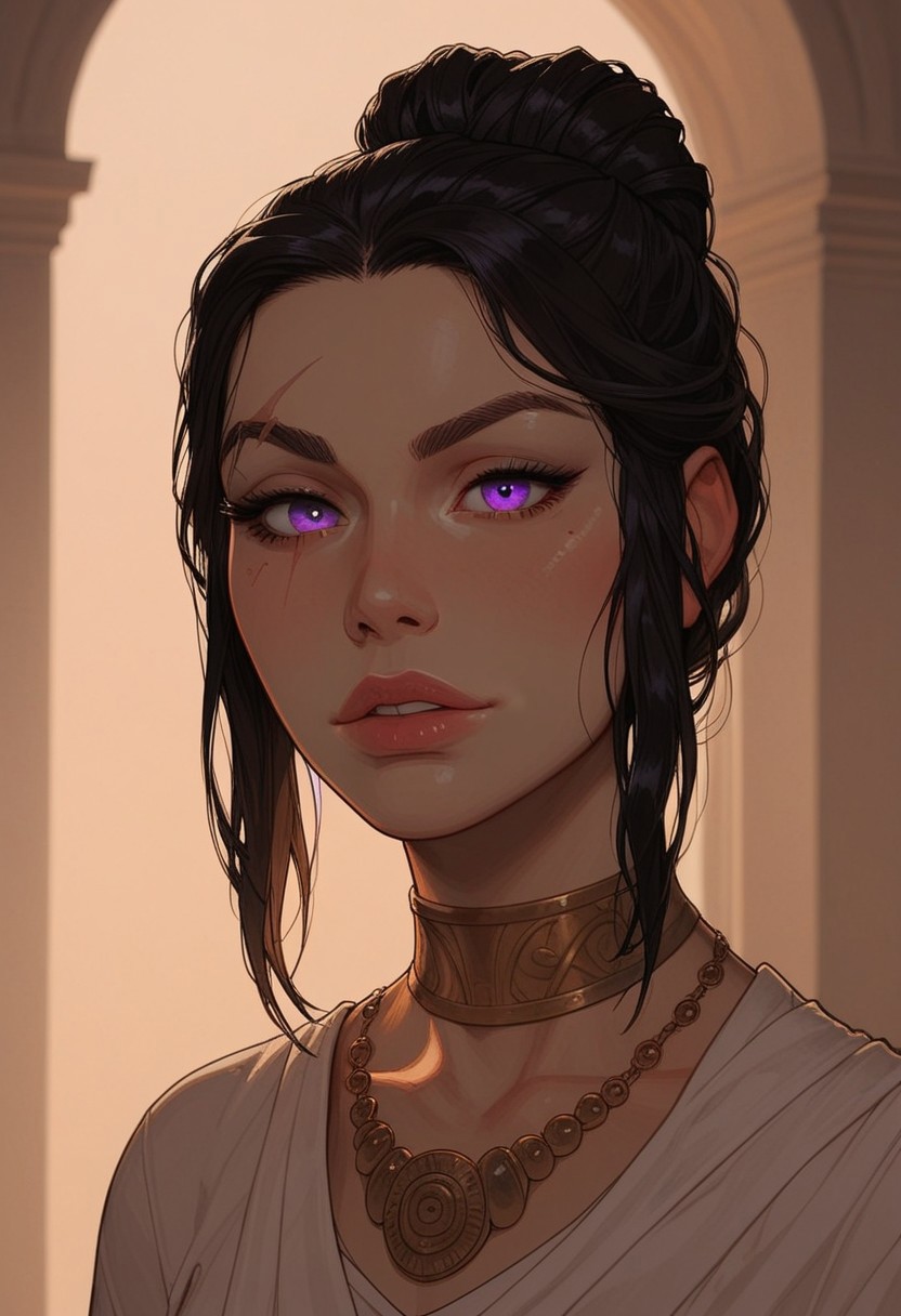 (score_9, score_8_up, score_7_up). ( line work, excellent drawing, highest quality, extremely detailed:1.2). 1woman, milf, Greek Goddess Nemesis, villain, perfect face, beautiful violet eyes, dark hair, bun, dyed red tips, long lashes, (split eyebrow), thin eyebrow scar, glossy lips, seductive expression, femdom, dynamic angle, ancient greek dress, g0thicPXL, romantic, cinematic lighting, volumetric lighting, source_cartoon, statuesque,