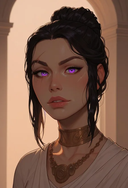 (score_9, score_8_up, score_7_up). ( line work, excellent drawing, highest quality, extremely detailed:1.2). 1woman, milf, Greek Goddess Nemesis, villain, perfect face, beautiful violet eyes, dark hair, bun, dyed red tips, long lashes, (split eyebrow), thin eyebrow scar, glossy lips, seductive expression, femdom, dynamic angle, ancient greek dress, g0thicPXL, romantic, cinematic lighting, volumetric lighting, source_cartoon, statuesque,