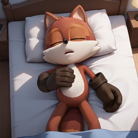 <lora:Jack_the_Raccoon_Sonic_Prime_-_Illustrious:1> 1boy, Jack, gloves, lying, on back, in bed, sleeping, eyes closed, snoring, from above, masterpiece, masterwork