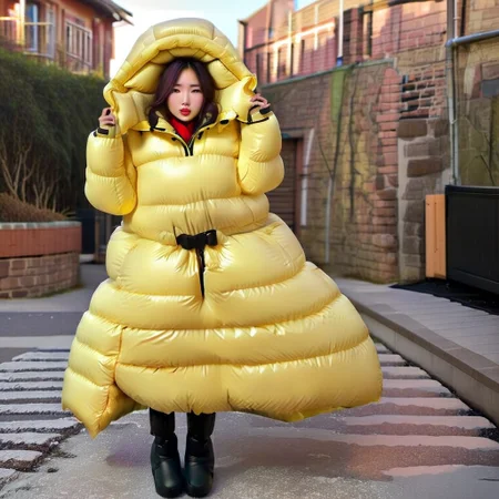 entire front very cute hyper realistic stuning asian blond very curvy women wearing a light yellow ((extra_puffy_floor_length_closed_coat))((extra_puffy_hood)) (up_(closed_hood)) ((fully_closed_coat))  ((fully_puffy_hooded)) ((very_high_puffy_collar)) ((puffy_mits)) ((puffy_boots)
,slim adjusted downcoat,
long_legs, long_sleeves, lips, hand_fan, dress, city, street, winter, snow, walking, daytime, sun, sunlight,realistic_up_hood
<lora:Puffer_Jacket_and_Down_Jacket_-_Extra_Puffy_Jackets:0.9>
 <lora:VictorianBustleDress:0.6><Lora:Parkasite-XL:1.0