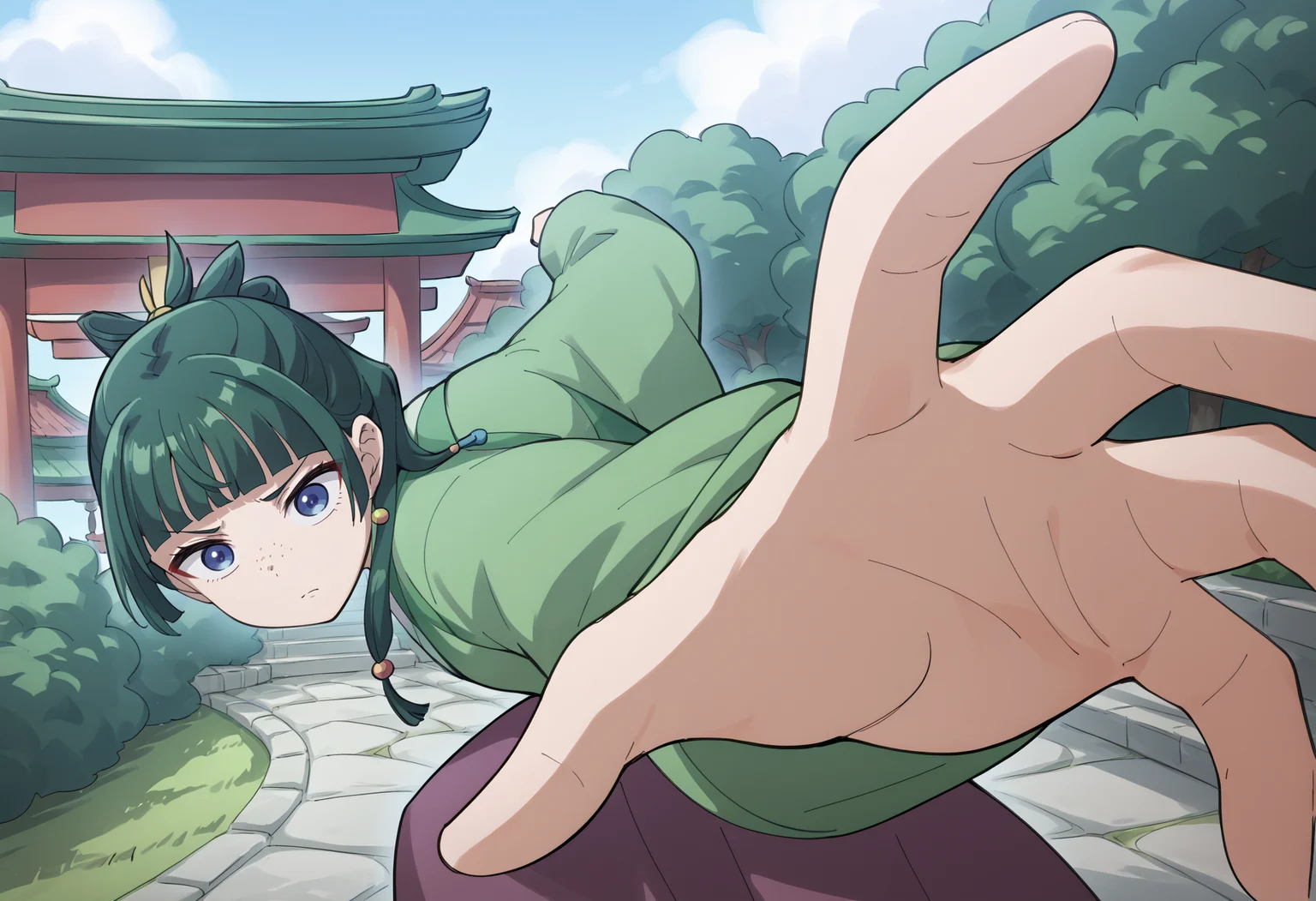 score_9, score_8_up, score_7_up, score_6_up, score_5_up, score_4_up, BREAK, source_anime,
1girl, maomao, blue eyes, blunt bangs, freckles, green hair, green japanese clothes, long sleeves, purple skirt,
IncrsPunchMeme, incoming punch, chinese architecture, blue sky
<lora:PepePunchMeme_XLPD:1> <lora:MaoMaoXL:1>