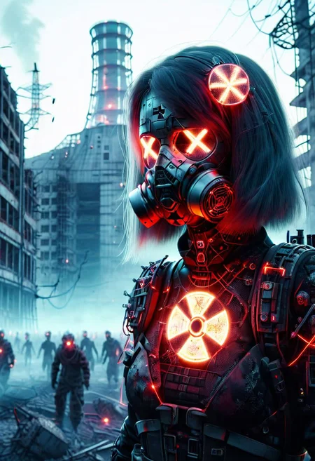 4D render, Chernobyl disaster, nuclear , Apocalypse,girl, detailed face, portrait, glowing x, minimalist outfit, anti social , ,cyberpunkartstyle,ruined ancient city,Professional styling, intricate details,8k post production, faithful, Religious denomination,