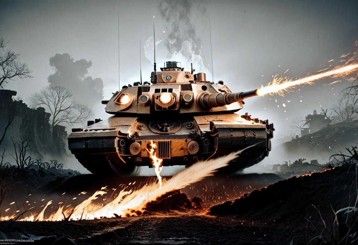 score_9, score_8_up, score_7_up, score_6_up, score_5_up, score_4_up, rating_safe,source_photorealistic,RAW,cinematic shot,cinematic film still cinematic photo ,film grain,a tank in a battlefield with fire and explosions in a torrential downpour