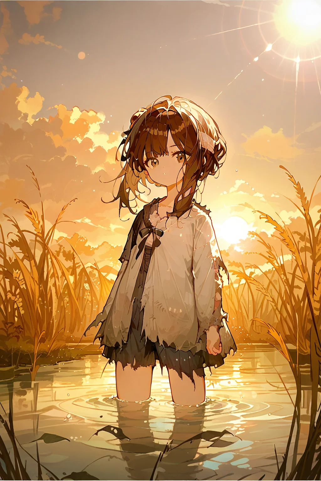 (score_9,score_8_up,score_7_up),<lora:mansui-v1:1>,mansui,1girl,solo,brown hair,wading,water,outdoors,looking at viewer,torn clothes,shirt,hair bun,closed mouth,bangs,sunset,long hair,ribbon,lens flare,sky,grass,sun,
good feet,anime,NSFW,expressive,amazing quality,ultra hd 32k,
