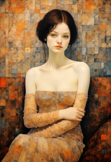 This image is an impressionistic digital painting in a modern, abstract style, featuring a young woman with fair skin and straight, dark brown hair. She is depicted in a relaxed, contemplative pose, seated on a cushioned surface with her left arm resting on her lap and her right arm crossed over her left arm. The woman wears a strapless dress with long, flowing sleeves that appear to be made of a translucent fabric, revealing a hint of her shoulders and upper chest. Her expression is calm and introspective, with a slightly pensive look on her face. The background is an intricate, geometric pattern composed of various shades of orange, brown, and blue, creating a mosaic-like texture that contrasts with the softness of the woman’s skin and dress. The background's abstract composition suggests a modern, minimalist aesthetic, with lines and shapes that seem to flow and intersect organically. The overall color palette is warm and muted, with earthy tones dominating the scene. The painting's style is reminiscent of contemporary digital art, blending elements of surrealism and abstraction to create a visually striking and emotionally evocative image.