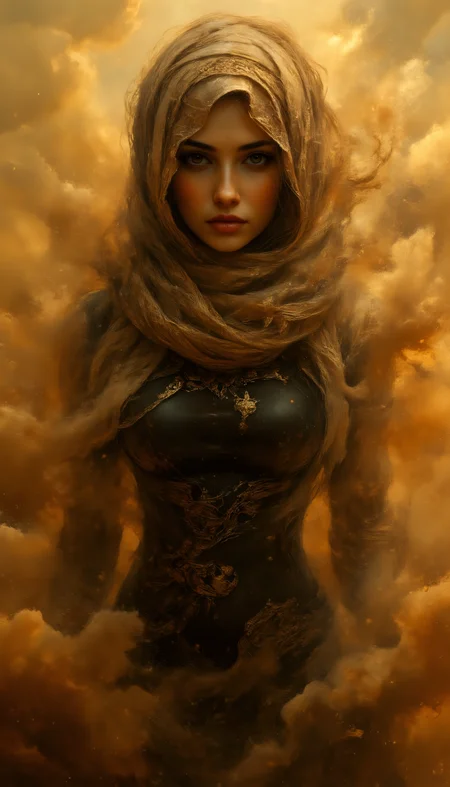 close-up, soft focus bokeh, Arabic heroine amidst a raging sandstorm, exuding strength and grace. Her striking eyes, framed by the flowing scarf that whips dramatically in the wind, radiate focus and defiance. Her jet-black leotard clings to her athletic form, seamlessly blending with intricate fishnet patterns that wrap her body, hinting at both elegance and resilience. The storm surrounds her in a flurry of golden sand particles, yet she stands unshaken, her powerful stance embodying determination. The flying scarf, accented with faint embroidery, arcs like a banner, amplifying her commanding presence as a figure of strength and beauty against the relentless desert storm. highly detailed, 8k, uhd, ultra realistic. dramatic lighting, looking at viewer, highly detailed, <lora:aidmaMJ6.1-FLUX-v0.4:0.8> <lora:FluxDFaeTasticDetails:0.5> <lora:NewFantasyCoreV3_-_FLUX:0.7> <lora:dmai-colors-v02:0.6> <lora:realdigitalpainting:0.7>