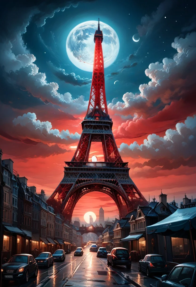 score_9, score_8_up, score_8, medium breasts, (curvy), cute, eyelashes,
rating safe,
BREAK,
zzEiffelTower, sky, cloud, no humans, night, moon, cloudy sky, ground vehicle, star (sky), night sky, motor vehicle, full moon, city, car, road, red moon, red sky, dark theme,
BREAK,
abstract background,
zPDXL, Expressiveh