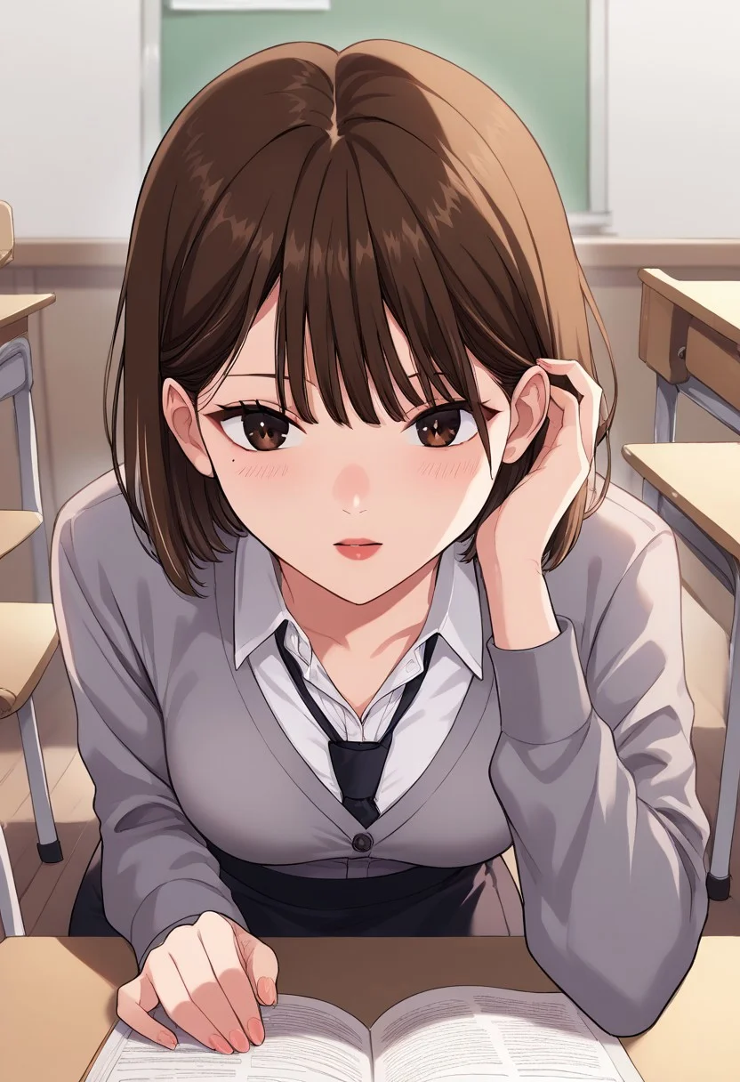 Masterpiece, Highest Quality, Score_9, Score_8_up, Score_7_up, source_anime. anime style. masterpiece, highres, absurdres. Best resolution.
1 girl. Minchae Lee. brown hair. brown eyes. short hair. medium hair. bangs. medium breasts. mole under eye.
1 girl. solo. class room.
sitting posture. table. chair. book
view from the front
school uniform. white shirt. black tie. gray cardigan. black skirt. miniskirt. skirt without wrinkles.
tucking hair. hand