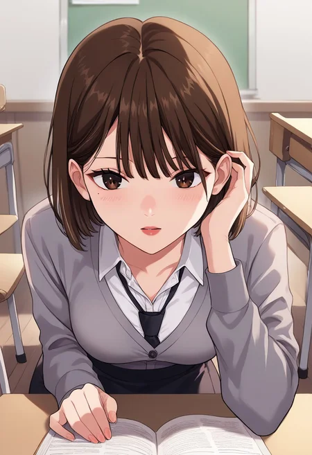 Masterpiece, Highest Quality, Score_9, Score_8_up, Score_7_up, source_anime. anime style. masterpiece, highres, absurdres. Best resolution.
1 girl. Minchae Lee. brown hair. brown eyes. short hair. medium hair. bangs. medium breasts. mole under eye.
1 girl. solo. class room.
sitting posture. table. chair. book
view from the front
school uniform. white shirt. black tie. gray cardigan. black skirt. miniskirt. skirt without wrinkles.
tucking hair. hand