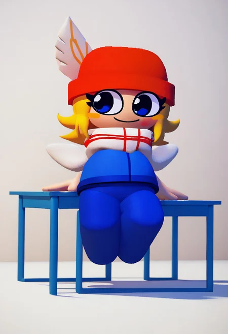 score_9,score_8_up,score_7_up, score_6_up, source_cartoon, cghonk BREAK, Bambisona style, 3d, 3d art, beautiful, masterpiece, (cartoon), round head, bright colors, 1girl, cylinder legs, light-skinned, light skin female, red beanie, beanie, scarf, red stripped scarf, white scarf, hat, red hat, feather hat, golden feather, blue shirt, blue pants, beanie, blue eyes, full body, short hair, tied hair, blonde, feather on hat, chibi, large eyes, blush stickers, smiling, short female, cowboy shot, white room, white floor, white walls, paintings on walls, chairs, table, shortstack