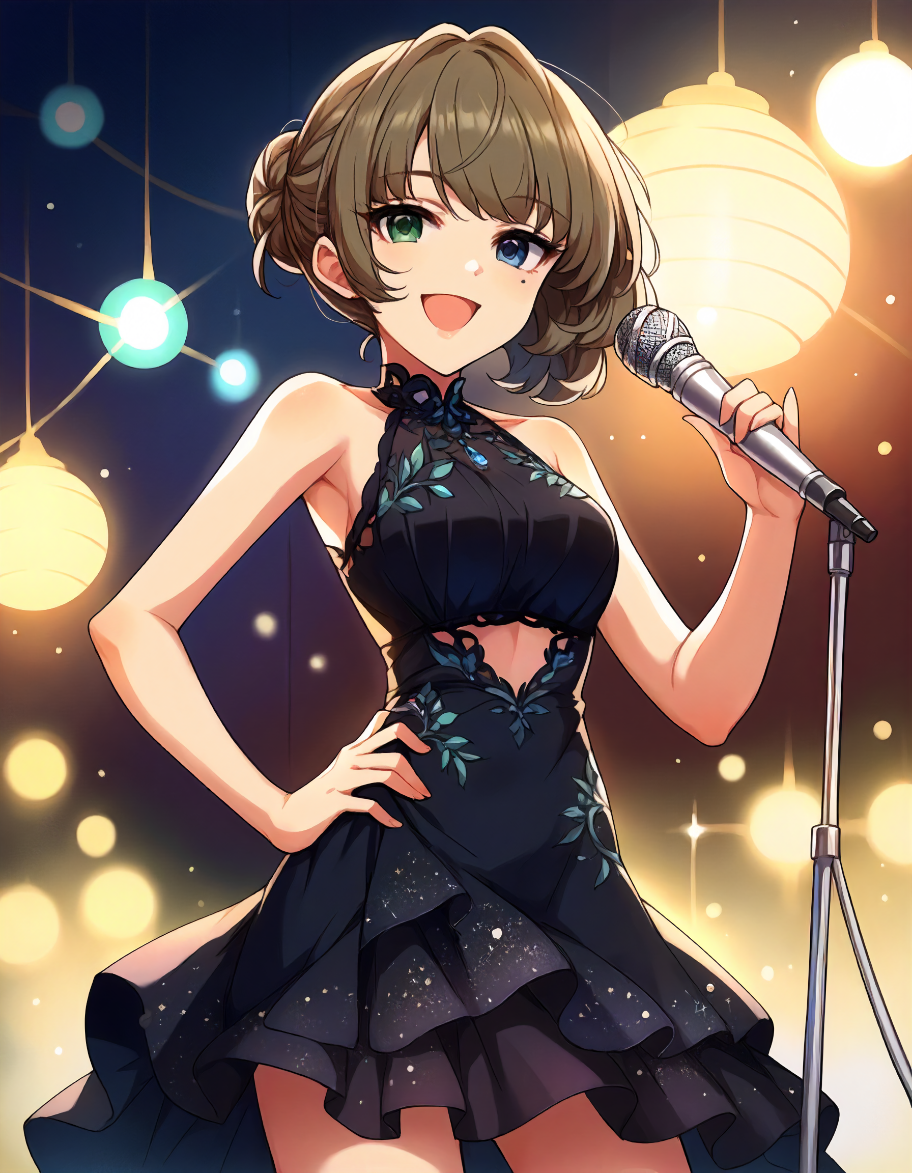 score_9,score_8_up,score_7_up,1girl,solo,cowboy shot,looking at viewer,smile,open mouth,holding microphone,hand on hip,stage lights,
<lora:takagakikaede_ponyXLV6:0.8>,cgtgk,
brown hair,single hair bun,green eyes,blue eyes,heterochromia,mole under eye,
black dress,bare shoulders