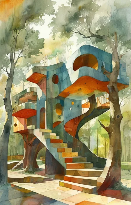 masterpiece,best quality,<lora:tbh308-sdxl:0.9>,illustration,designed by Steven Holl, Whimsical treehouse complex in a lush forest, channeling the spirit of Antoni Gaudí