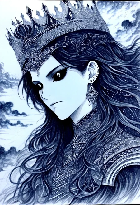 dark composition, maidrauh_1, dutch angle. A black and white pencil sketch of male face. The man head is adorned with a headdress, adorned with black beads and a crown. Her hair is long and wavy, adding a touch of texture to her face. Her eyes are a piercing red, while her lips are a lighter shade of white. Her mouth is slightly parted. Her earrings are encircled by a diamond shape. Her jacket is adorned in a pattern of black and silver, with the letters "S" on the jacket. The background is a mix of gray and white clouds, long hair, jewelry, earrings, black hair, smoke, cloud, armor, sky, glowing, from side, gem, headpiece, crown, closed mouth, upper body, shoulder armor, traditional media, monochrome, greyscale, portrait, facial hair, colored sclera, jewelry, black sclera, earrings, cloudy sky, floating hair
