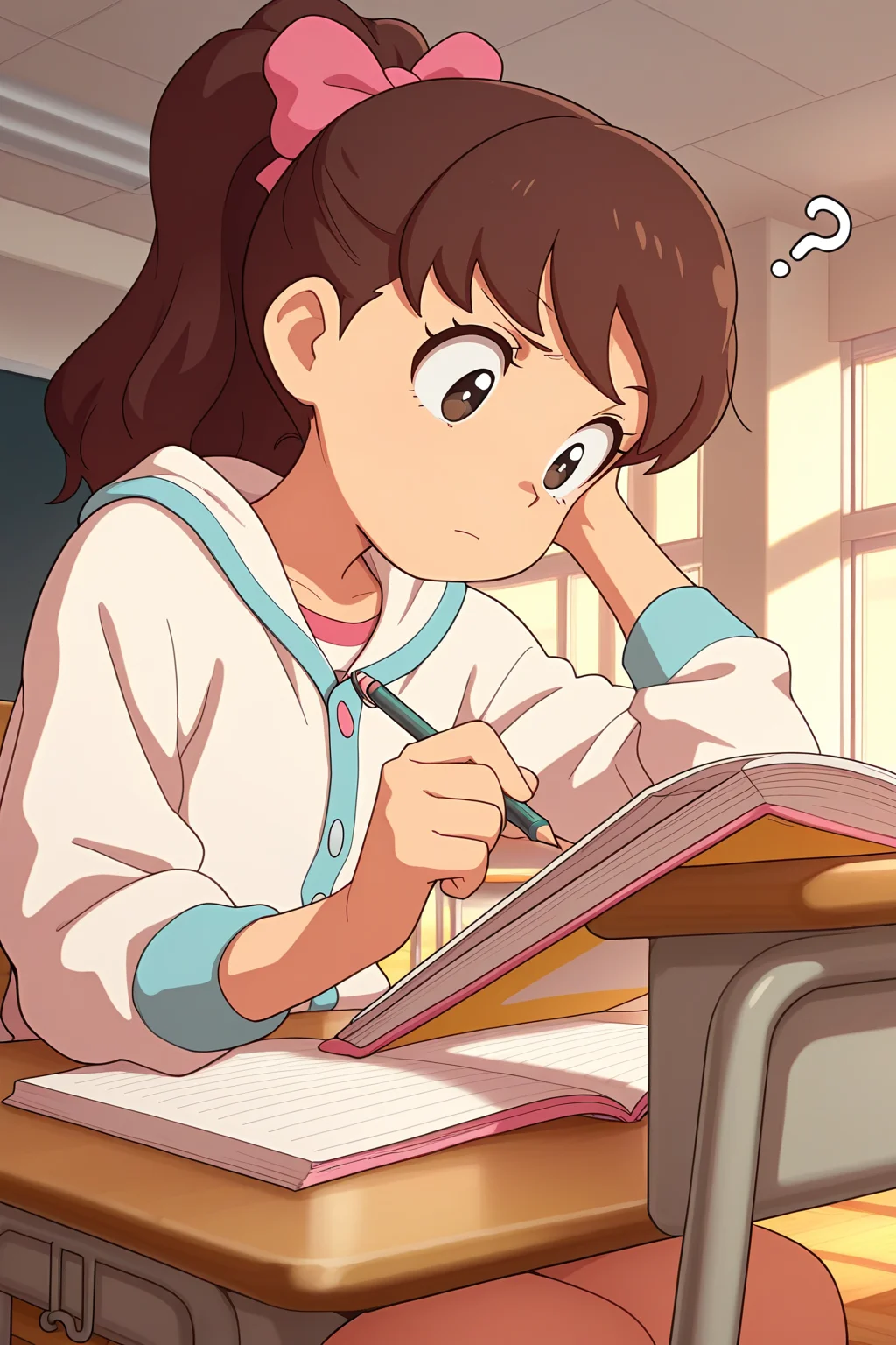 masterpiece, best quality, amazing quality, absurdres, kodamafumika, brown hair, high ponytail, solo, serious, confused, thinking, hand on own head, holding pencil, sitting, looking down, white jacket, upper body, indoors, classroom, school, school desk, notebook, open notebook