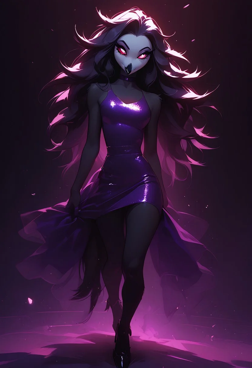 score_9, score_8_up, score_7_up, score_6_up, 1girl, solo, octavia, octavia, avian bird demon owl owl_demon, beak, red sclera, from hellova boss, anthro furry, long hair, nightclub outfit, tight purple dress, perfect face, perfecteyes, sexy, sexy girl, beautiful eyes, dancing, dynamic angle, full body shot, red eyes, glowing eyes, pop star, singing