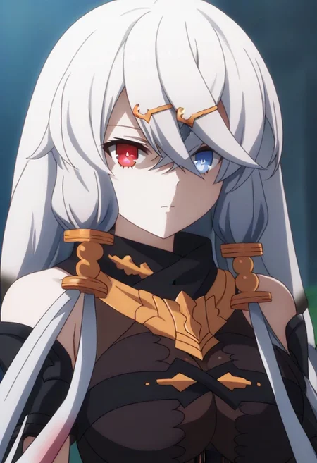 source_anime, <lora:lila-decyrus-s1-ponyxl-lora-nochekaiser:1>, lila decyrus, long hair, bangs, blue eyes, large breasts, hair ornament, red eyes, hair between eyes, twintails, very long hair, hairclip, low twintails, heterochromia, pale skin, crossed bangs, bodysuit, bare shoulders,,