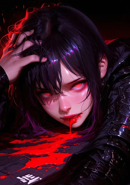 lazypos, usnr, 1girl, purple long hair, A semi-realistic anime female character lying on the ground, disheveled dark hair, melancholic and intense eyes, blood trickling from the mouth, hand gripping his own hair in frustration or pain, dark fantasy armor with intricate details, battle-worn expression, sorrowful yet powerful vibe, cinematic shadows, emotional intensity in the pose, gothic anime aesthetic, red and black color scheme, glowing red accents, blood splatter, moody red lighting, black background with deep red aura, masterpiece, ultra-detailed, 8k resolution, dynamic shadows, cinematic lighting, expressive anatomy, dramatic contrast, dark mood, red-black palette, hyperrealistic anime style, digital painting, concept art quality, emotionally charged, sharp highlights, looking at viewer