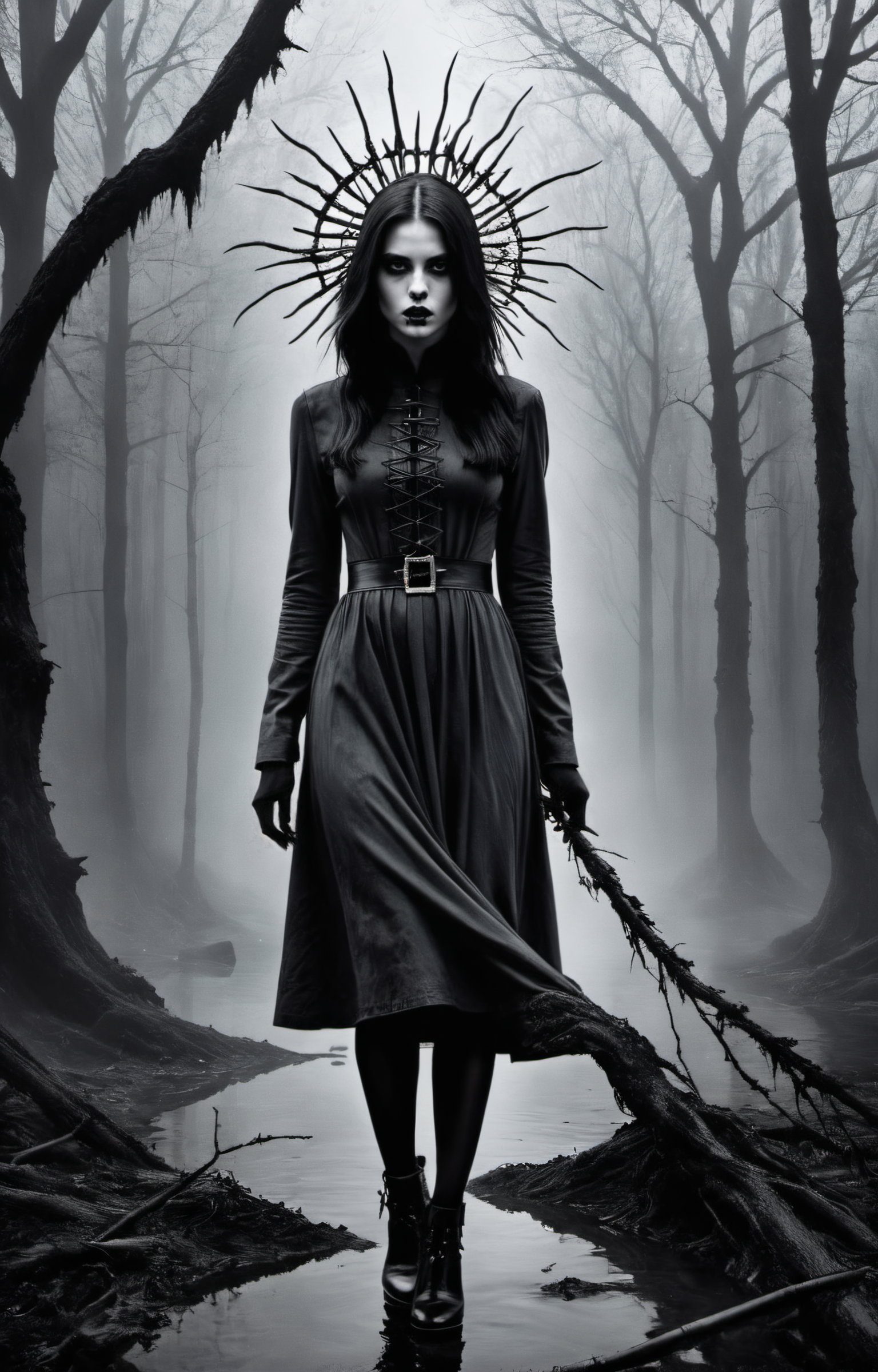 Horror-themed create an award-winning photograph of a young woman exploring an original and unconventional theme that captivates and amazes the viewer.  Push boundaries of traditional concepts,infusing the image with creativity and wonder,leaving a lasting impression on those who behold it.,absurdres,intricately detailed,32K, . Eerie, unsettling, dark, spooky, suspenseful, grim, highly detailed