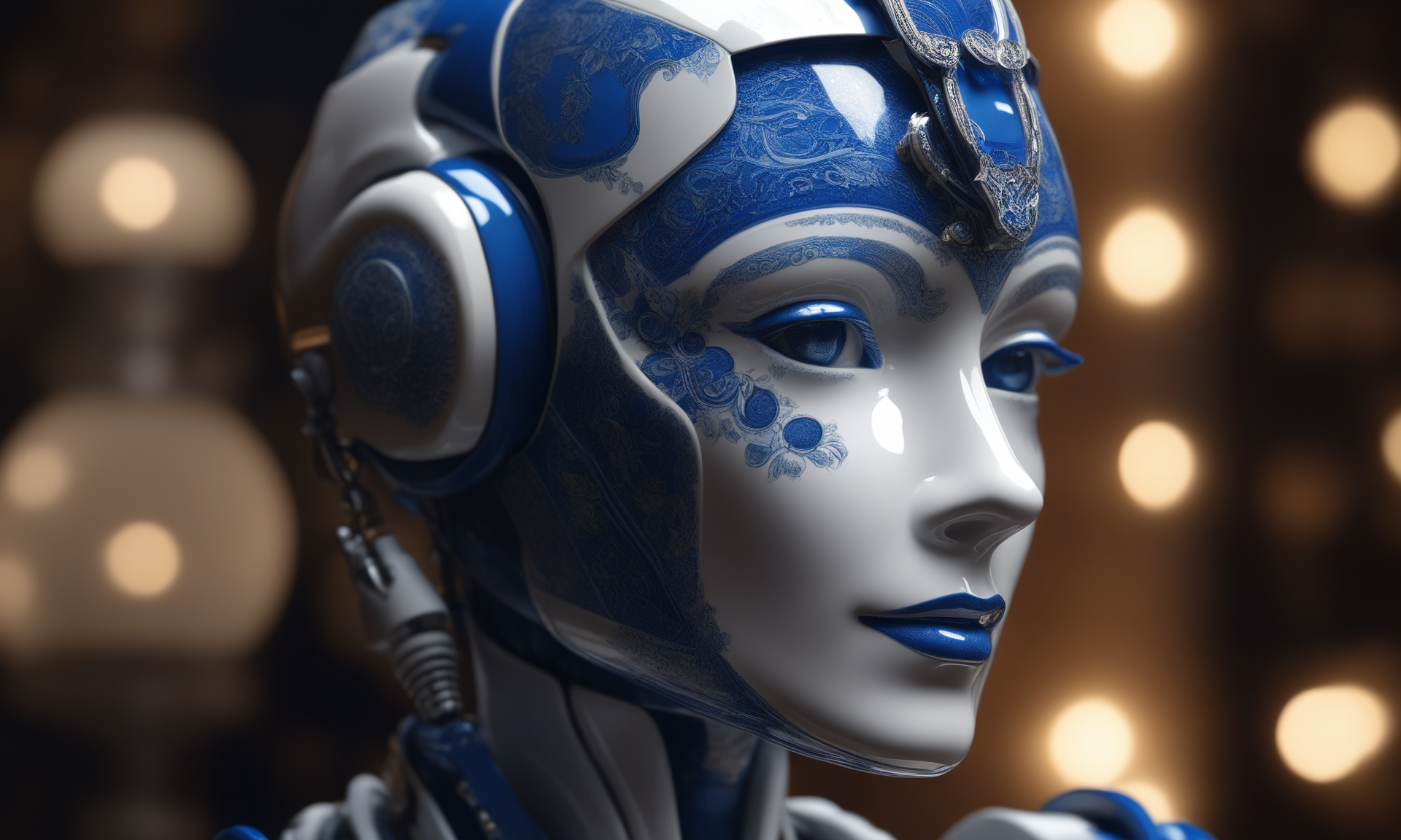 <lora:bwporcelaincd_xl-000007:0.7>, a female robot toy made of (bwporcelaincd_xl, blue and white porcelain, porcelain:1.2, shiny:1.3, solo:1.3) on floor, upper body, no humans, still life, mechanical face, humanoid robot, cute, cutie, indoors, (Unbelievable Digital Artwork:1.3), CGSociety, ArtStation, master works, 8K,HDR,UHD,masterpiece,best quality,highly detailed,emotional,harmonious,high budget,moody,epic,gorgeous,high resolution,perfect lighting,finely detail,extremely detailed,ultra detailed,realistic,photorealistic,huge filesize,photographic,real,wallpaper,moody lighting,volumetric lighting,reality ray tracing