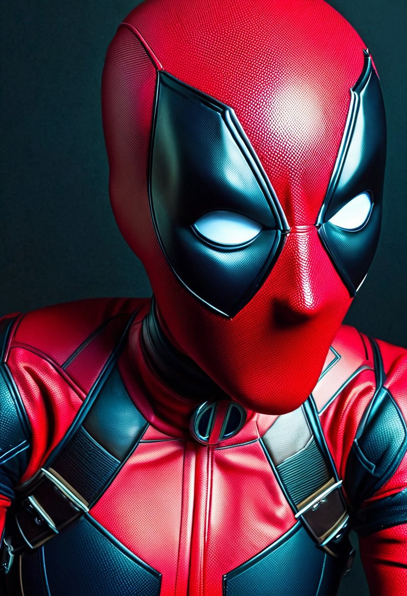 A hyper-realistic depiction of a single woman, focusing on her upper body, dressed in a meticulously detailed Deadpool costume, complete with vibrant red and black hues, accentuated by subtle, dramatic lighting that highlights the texture and folds of the suit, set against a muted, dark background to emphasize the subject's striking appearance, captured from a slightly overhead angle to convey a sense of power and confidence.